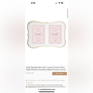 Kate Spade crown point double invitation picture frame. Painted gold.